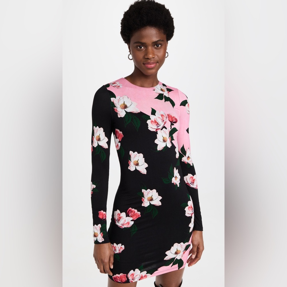 Alice + Olivia Pink and Black Floral Long-Sleeve Midi Dress